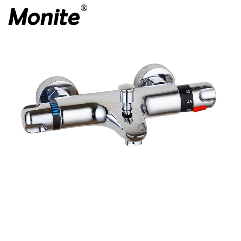 

Monite Wall Mounted Bathroom Thermostatic Mixer Taps Chrome Solid Brass Bathtub Sink Basin Faucet Set Exposed Shower Faucet