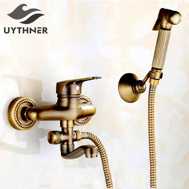 Uythner Classic Wall Mounted Solid Brass Antique Brass Bathroom Shower Faucet Mixer Tap Dual
