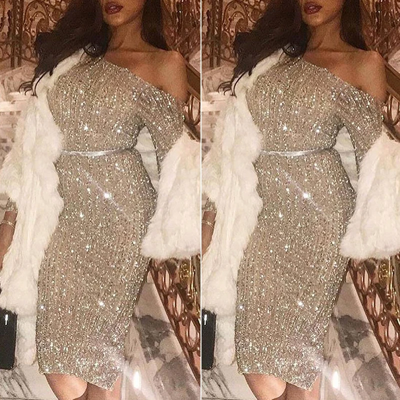 Женское блестящее платье с блестками открытыми плечами облегающее для