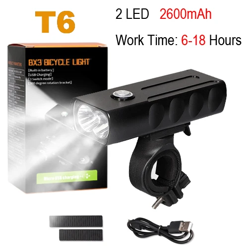 NEWBOLER 5200mAh Bike Light Kit T6 L2 Flashlight For Bicycle 2400 Lumen Led Lantern USB Headlight Mount Bracket Cycle Fornt Lamp - Цвет: T6 6 hours  2 LED