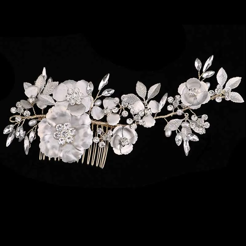 

Handmade Brushed White and Ivory Pearl Floral Leaf Design Wedding Hair Comb Crystal Bridal Headpiece Hair Jewelry Accessory SL