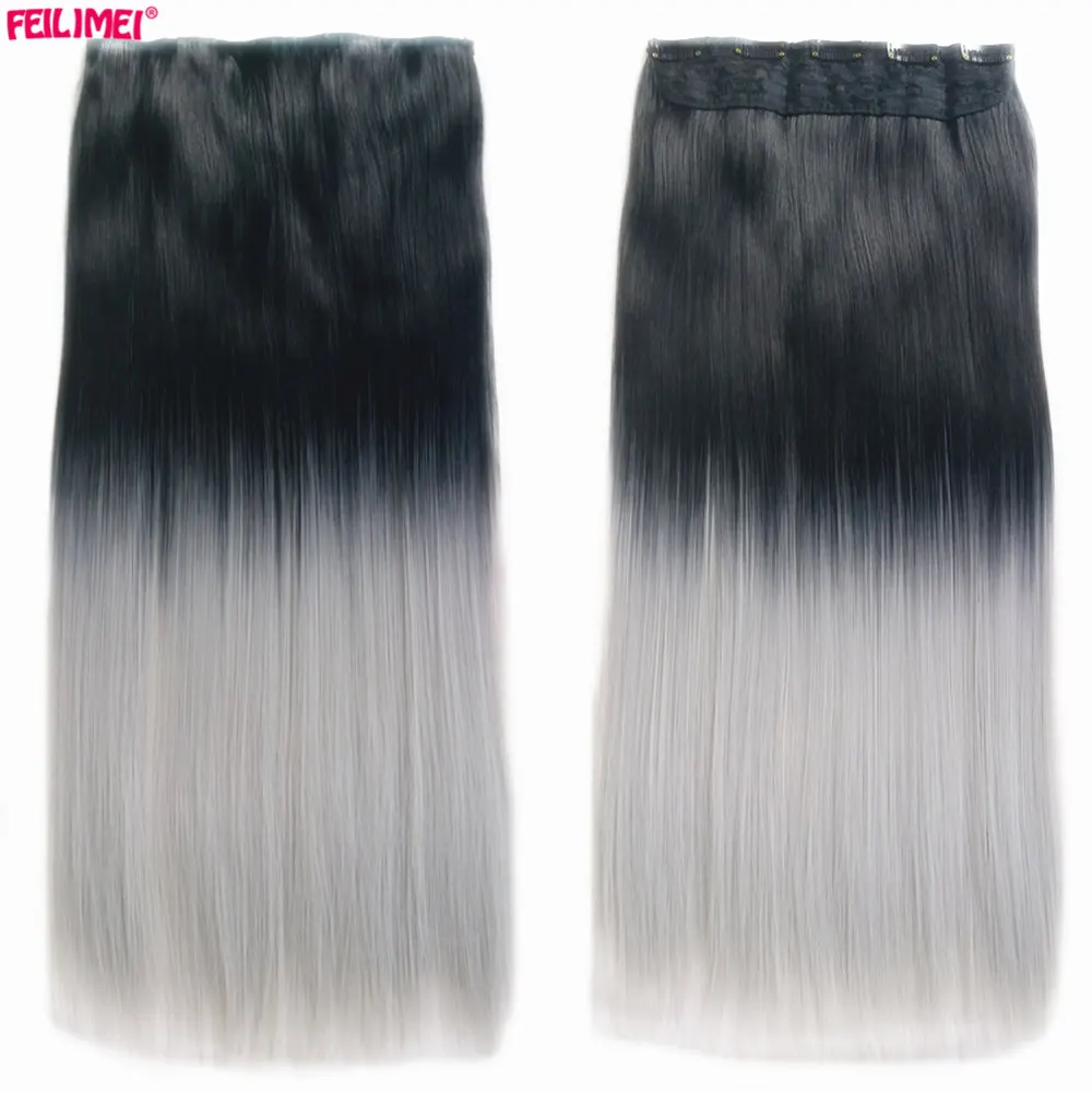 Feilimei, серые прямые синтетические волосы на заколках для наращивания, 5 клипов, 24 дюйма, 60 см, 120 г, черный, серебристый цвет, женские шиньоны