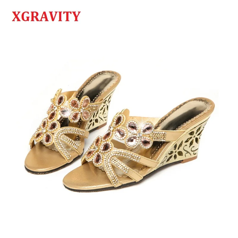 

XGRAVITY Size 34-40 European Designer Woman Summer Shoes Sexy Crystal Lady Wedge Sandals Fashion Elegant Girl Slippers B291-1