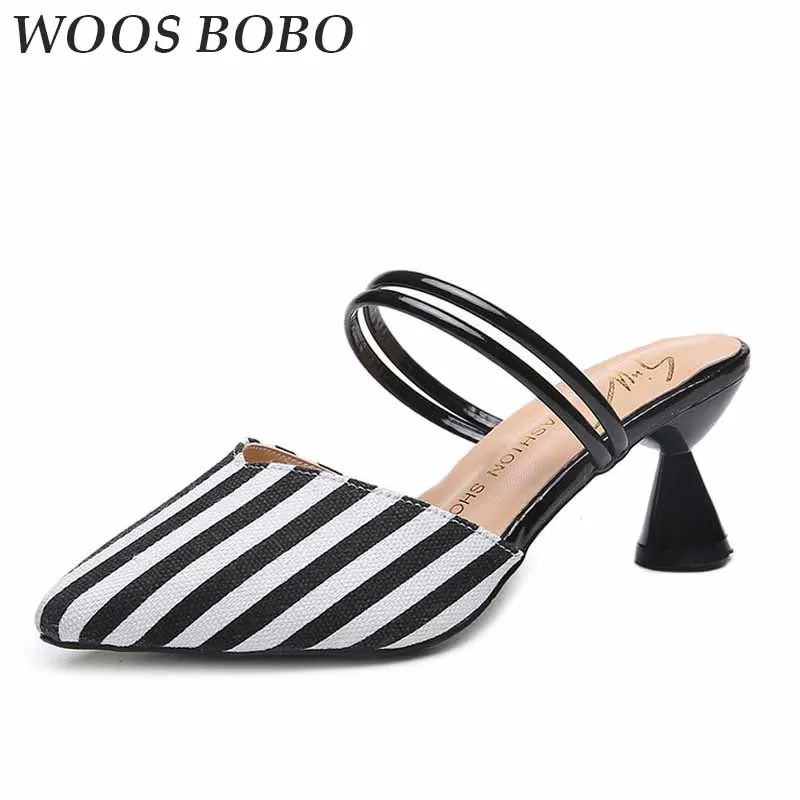 

New Fashion Womens Party slippers Pointed Toe Womens Pumps Elegant Concise Summer Female High Heels stripe Ladies Single Shoes