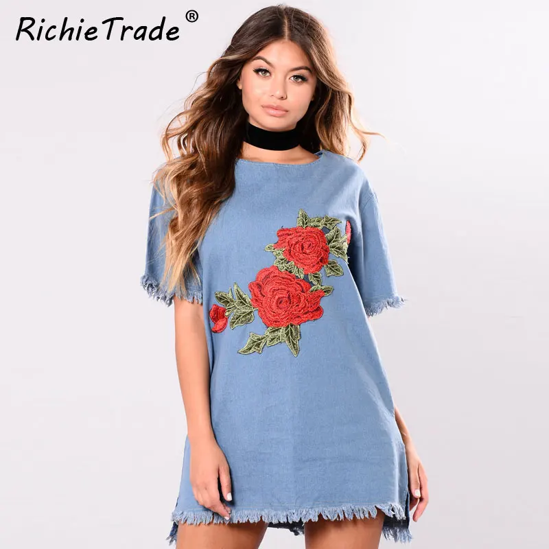 Richietress-Мини-джинсовое платье с коротким рукавом Цветочная вышивка и кисточка