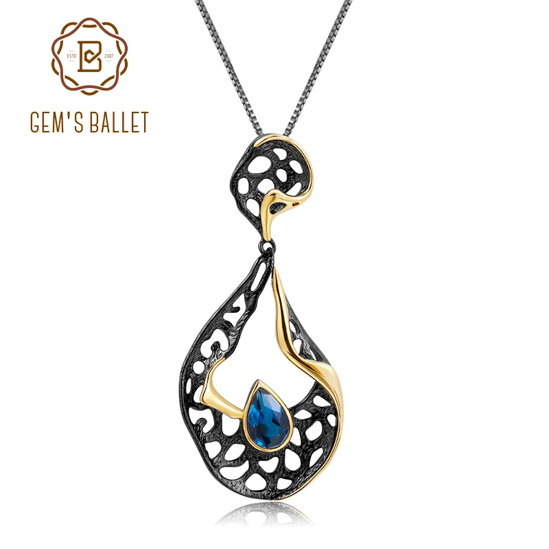 

GEM'S BALLET Natural London Blue Topaz Wedding Jewelry 925 Sterling Silver Handmade Hollow Element Pendant Necklace for Women