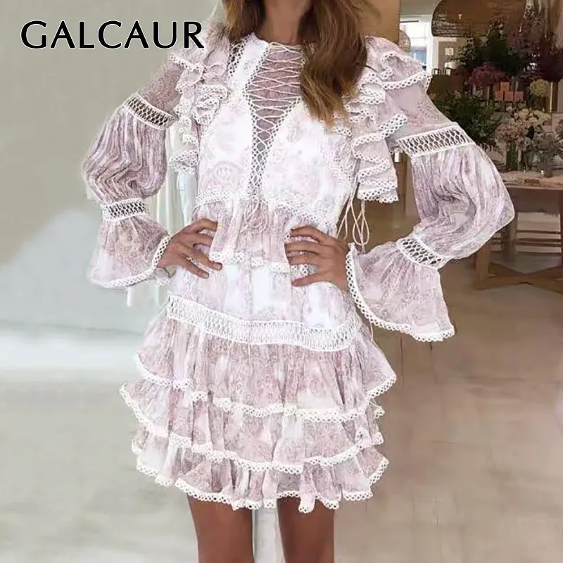 

GALCAUR Casual Print Women Dress O Neck Flare Sleeve High Waist Hollow Out Ruffles Mini Dresses Female Fashion 2019 Summer