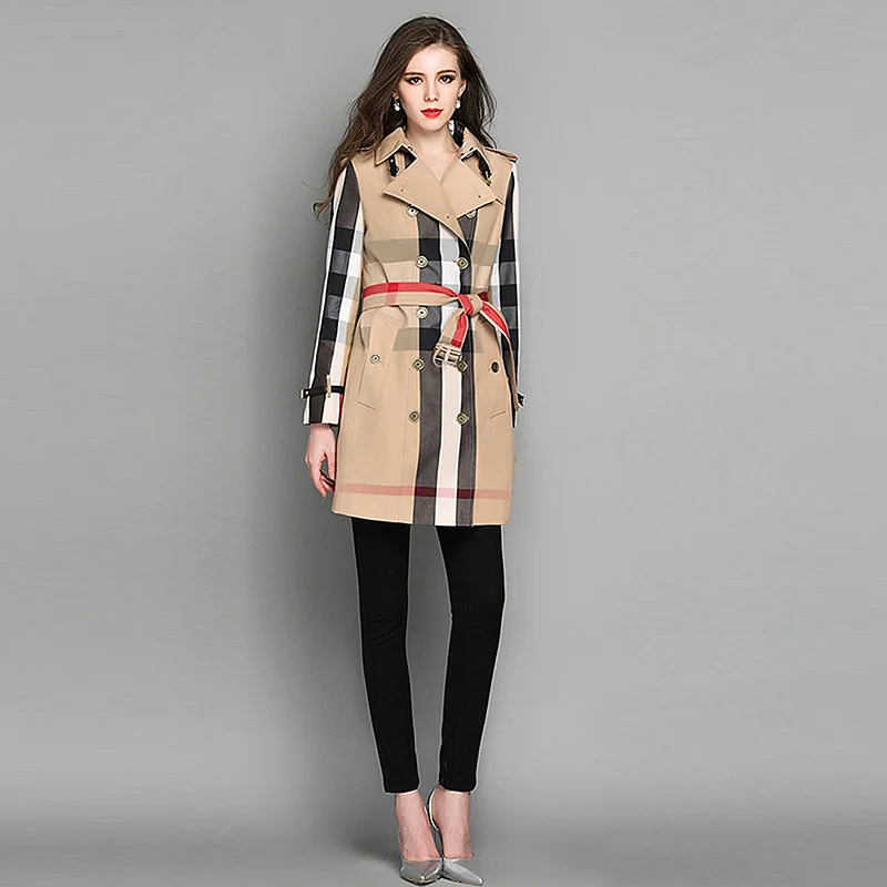 Women's New Coats Spring Autumn Beige Long Plaid Trench Coat Slim Fit