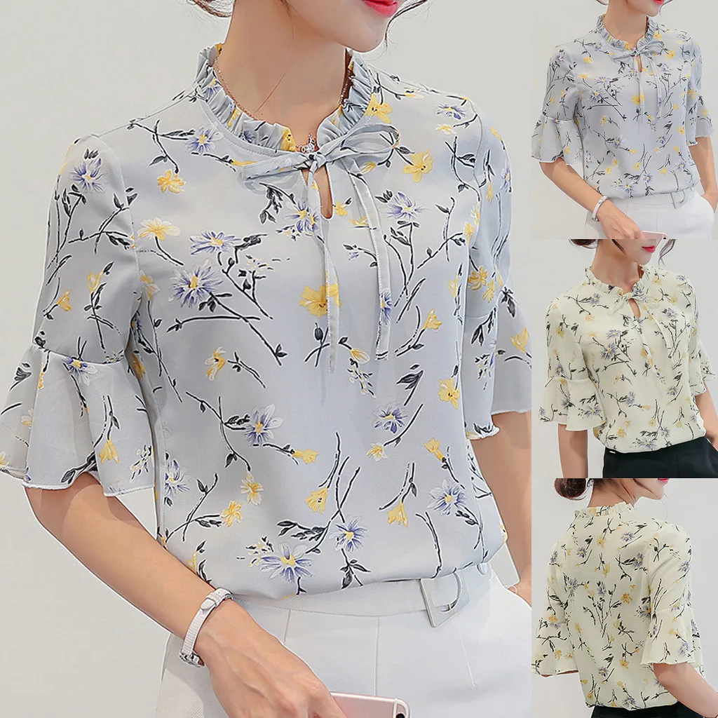 

Women Summer Work Office Flare Sleeve Bow Tie Floral Print Chiffon Top