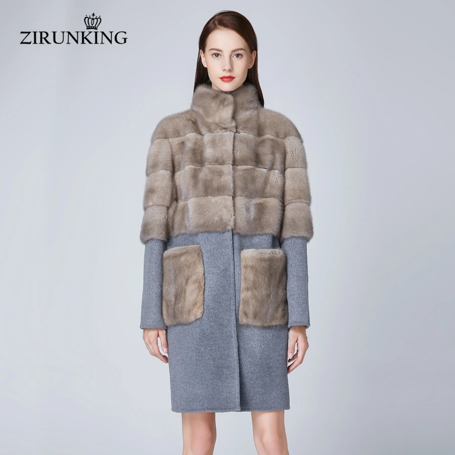 

ZIRUNKING Women New Real Mink Fur Wool Coats Lady Fashion Fur Parka Jacket Female Natural Mink Fur Outerwear ZC1857