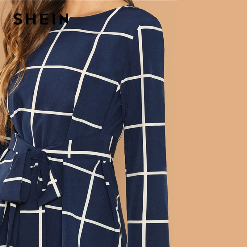 SHEIN Weekend Casual Modern Lady Navy Self Belted Grid Round Neck Long Sleeve Plaid Pullovers Top Women Autumn Plain Blouse