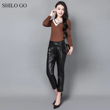 

SHILO GO Leather Pants Womens Spring Fashion sheepskin genuine leather Pant concise stretch high waist lady office pencil pants