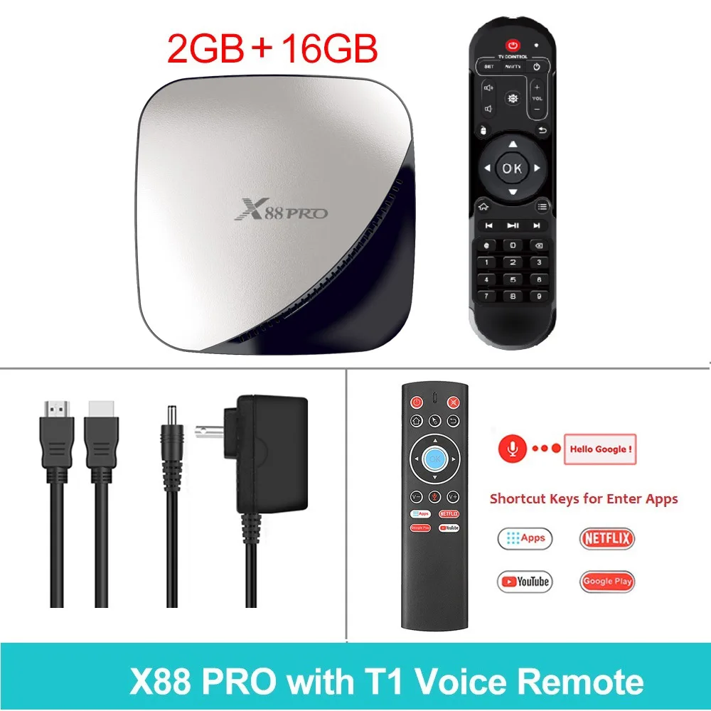 Silve 2G16G T1 Voice X88 PRO Android 9,0 Smart tv Box 4G 64G Rockchip RK3318 Восьмиядерный 5G Wifi 4K HD телеприставка Google медиа YouTube X88PRO - Цвет: Silve 2G16G T1 Voice