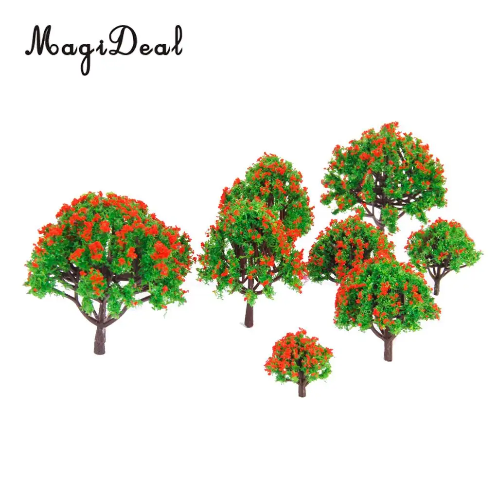 MagiDeal 10Pcs Model Tree with Red Flower Railroad Scenery for Model Garden Park Train Track Architecture Layout Diorama 5 Sizes
