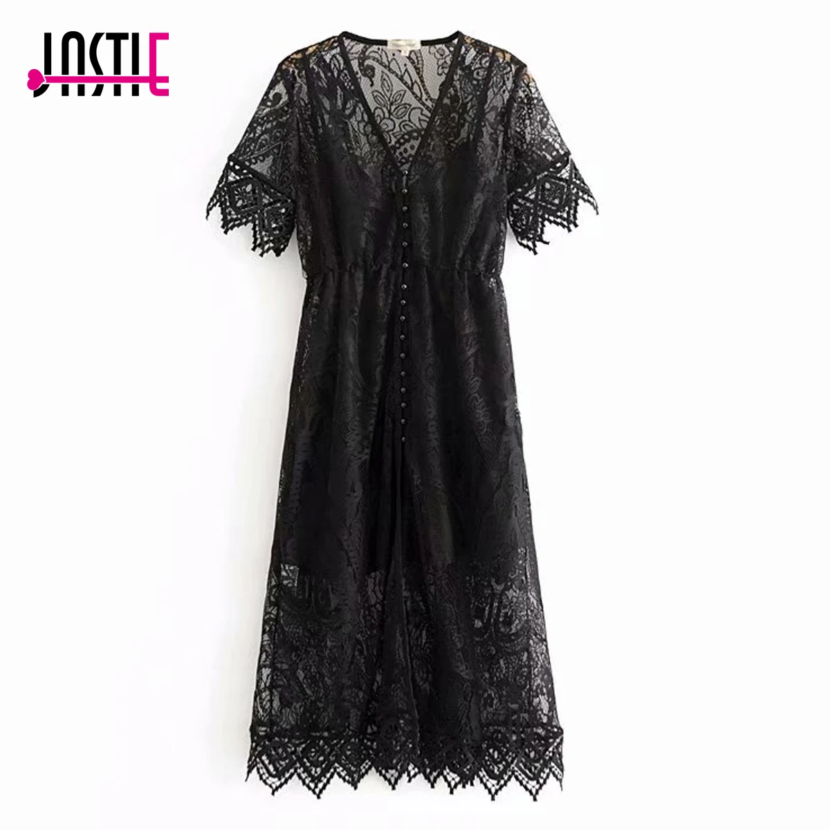 Jastie винтажное цветочное вязаное кружевное платье Boho Flowy Midi платья платье с v-образным вырезом на пуговицах с коротким рукавом женское платье платья с подкладкой