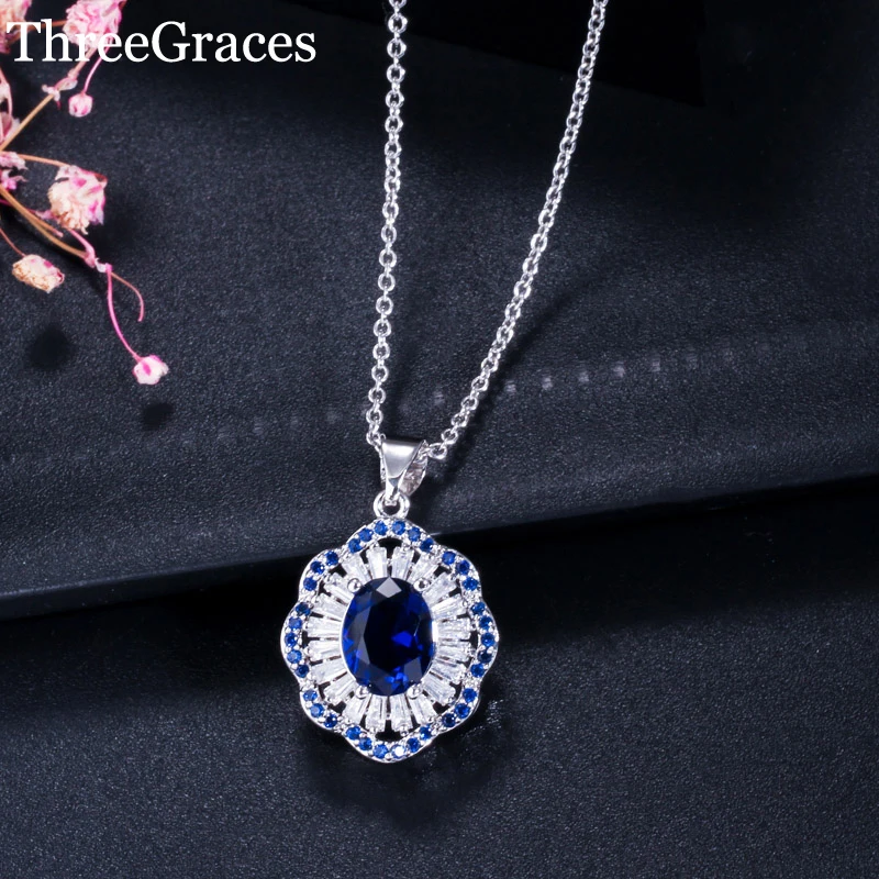 

ThreeGraces Classic Austrian Noble Blue CZ Crystal White Gold Color Link Flower Necklace Pendant for Women Fashion Jewelry PN051