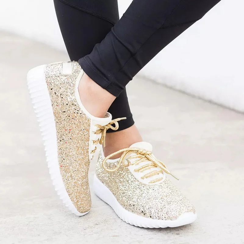 

Drop Shipping WEMYUJH Women Sneakers Bling Gold Silver Shoes Woman Plus Size White Sneakers Sparkly Casual Shoes For Women36-43