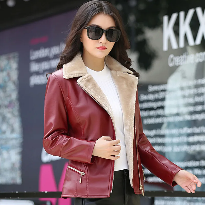 

Fashion Turn Collar Office Lady Coat Winter Women Leather Jacket Plus Velvet Warm Female Faux Leather Jackets Black Red