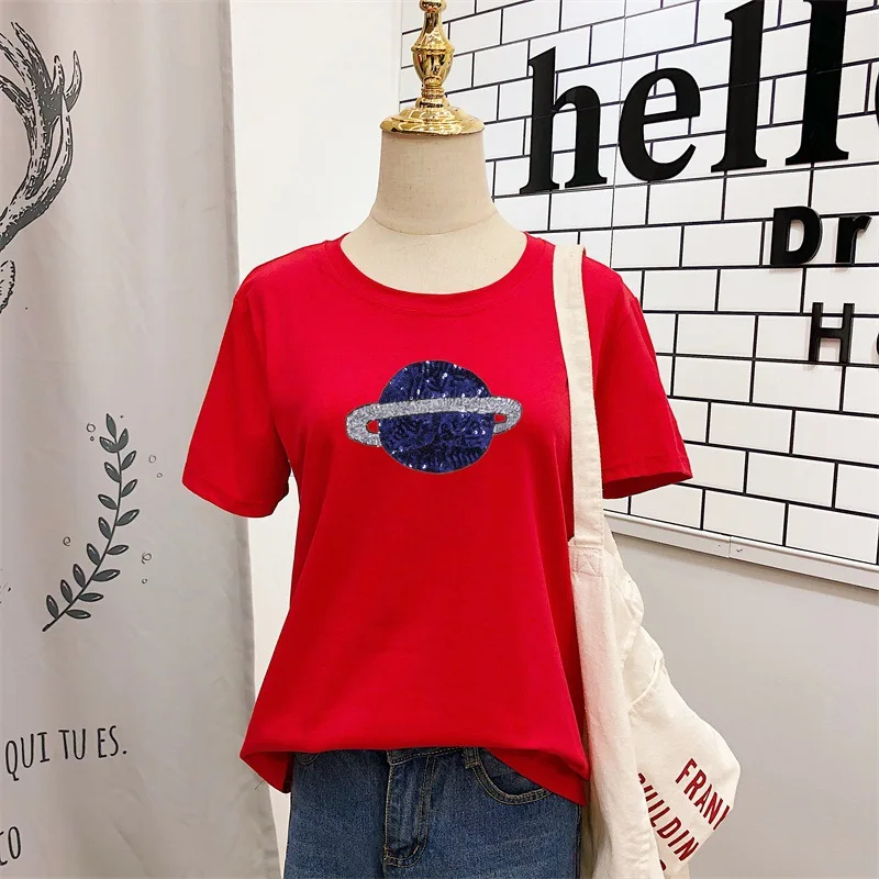 LAAMEI 2019 Summer New Fashion Planet Saturn Women Sequined T-Shirt Female Cotton Short Sleeve O-Neck Tops Tees Harajuku Tshirts LAAMEI 2019 Summer New Fashion Planet Saturn Women Sequined T-Shirt Female Cotton Short Sleeve O-Neck Tops Tees Harajuku Tshirts