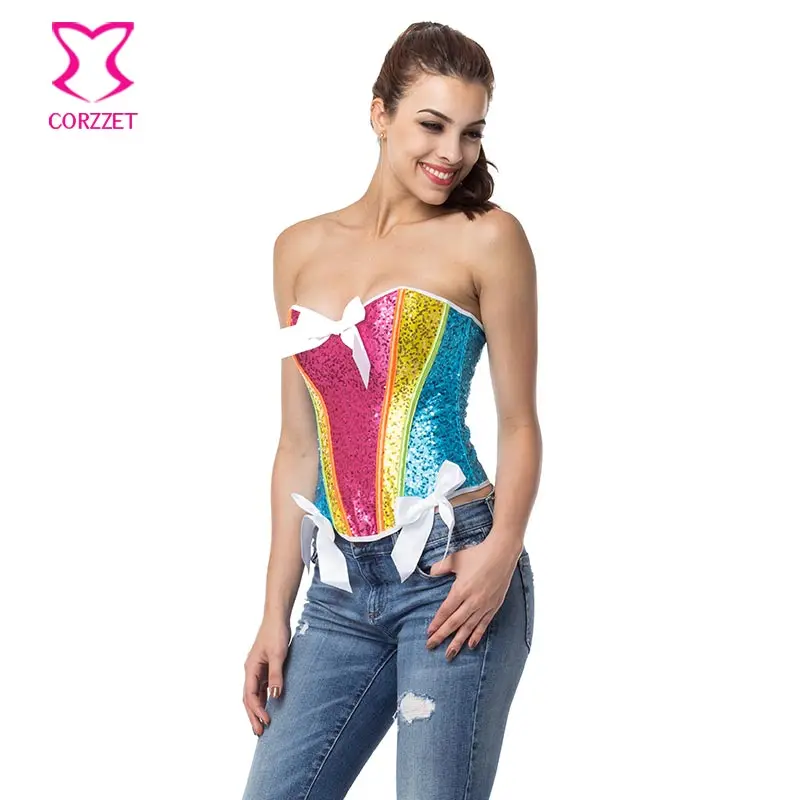 

Fashion Rainbow Sequin Corset Corselet Sexy Lingerie Gothic Clothing Showgirl Burlesque Costumes Victorian Corsets And Bustiers