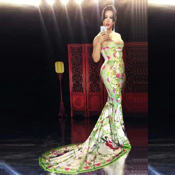 

Sexy Beauty Flowers Pattern Printed Long Tail Dj Ds Nightclub Dress Female Singer Stage Wear Prom Celebrate Dresses DNV10007