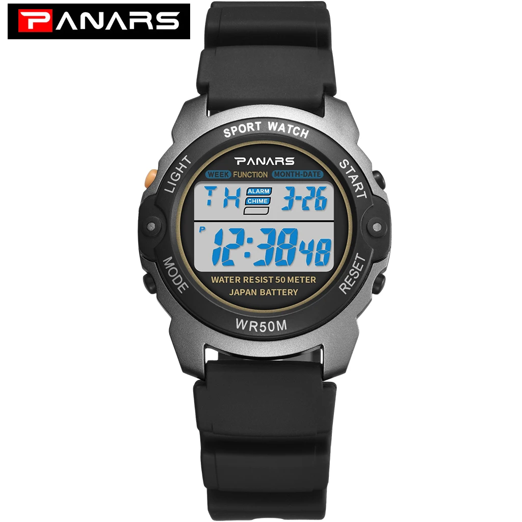 PANARS Outdoor Sports Watch Digital Watches Mens Waterproof Alarm Clock 5Bar LED Black Fashion Watch Mens Chronograph Watch - Цвет: Серый