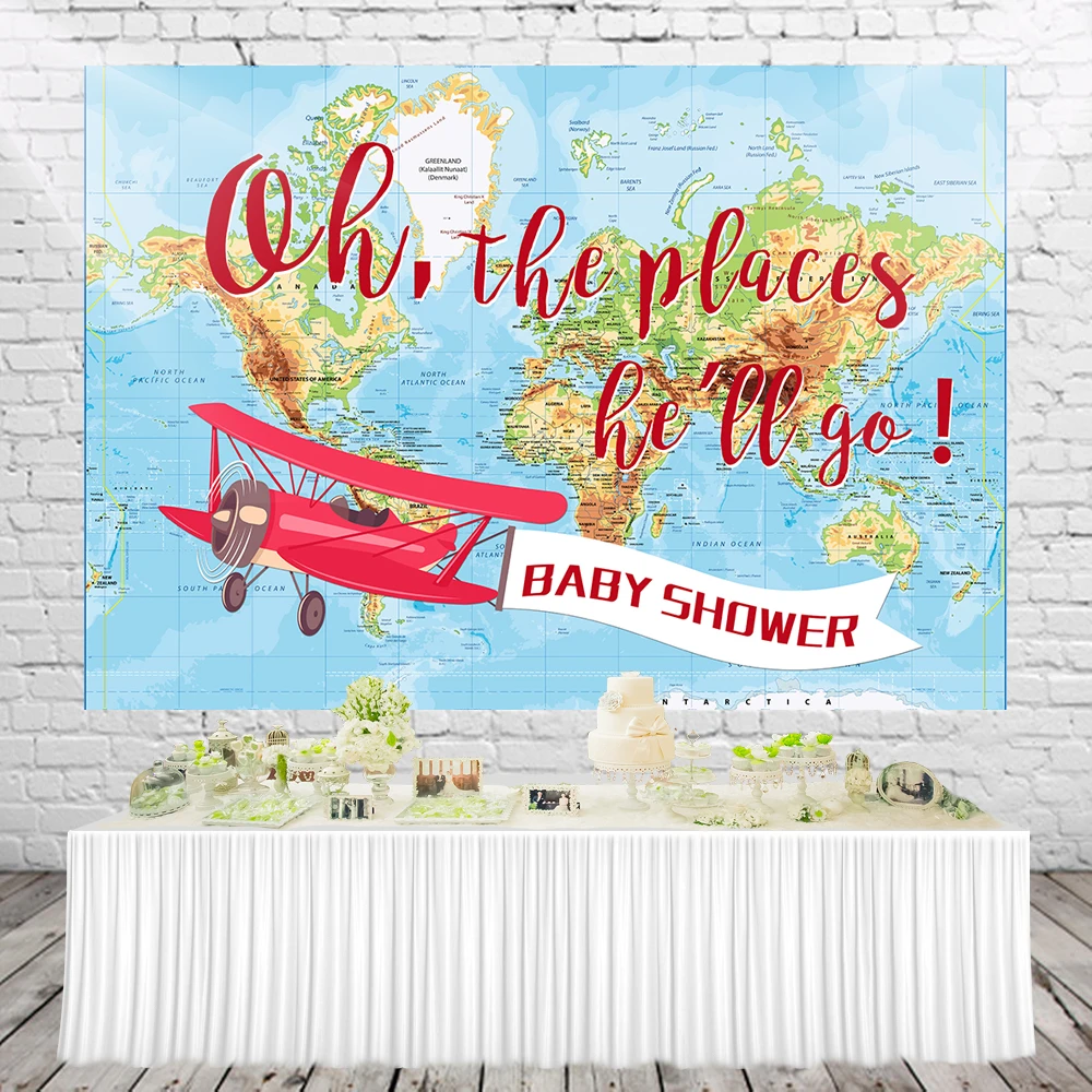 HUAYI world map Aircraft boy Baby Shower Backdrop plane Adventure birthday party table decoration Photocall Background W-2150