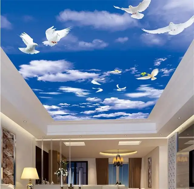 Us 14 11 49 Off 3d Ceiling Murals Wallpaper Custom Photo Non Woven Blue Sky White Clouds Dove Painting 3d Wall Mural Wallpaper For Living Room In