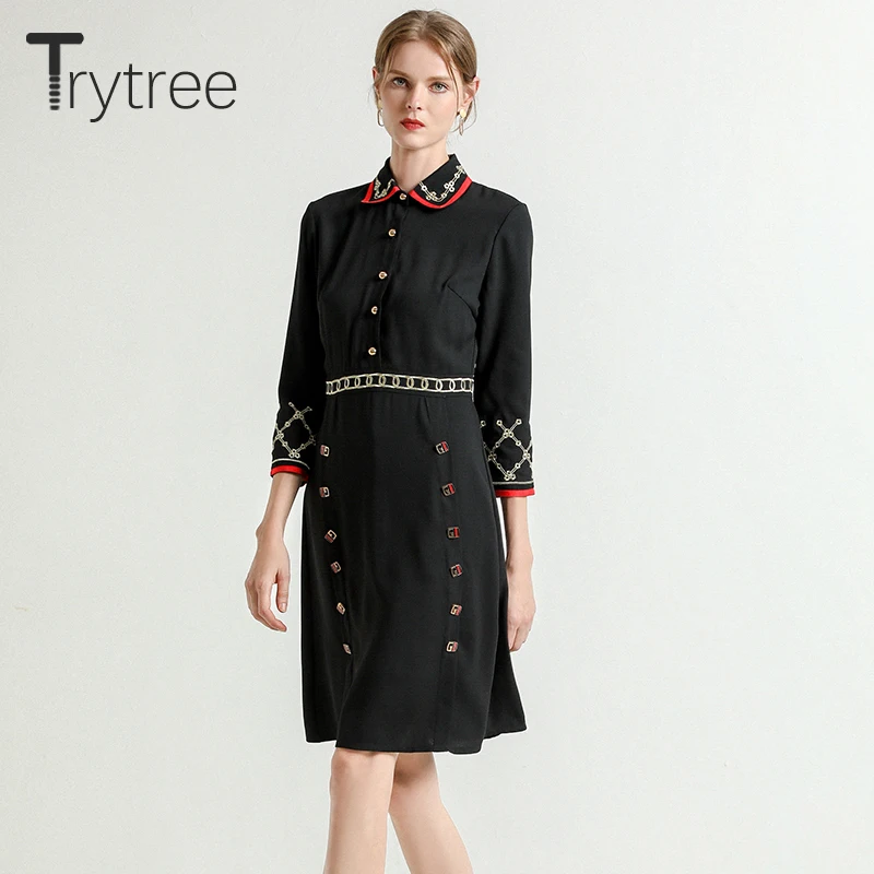 

Trytree Autumn Women Dress Casual Turndown collar Embroidery geometric Dresses Black Office Lady Straight Knee Length Dress
