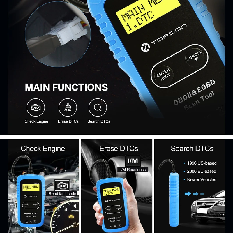 TOPDON OBD2 сканер TD300 Читайте стирания коды неисправностей кодов I/м Readiness для