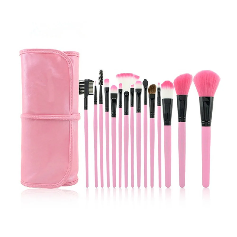 15pcs Beauty Pink Makeup Brushes with Roll Bag Case Foundation Powder