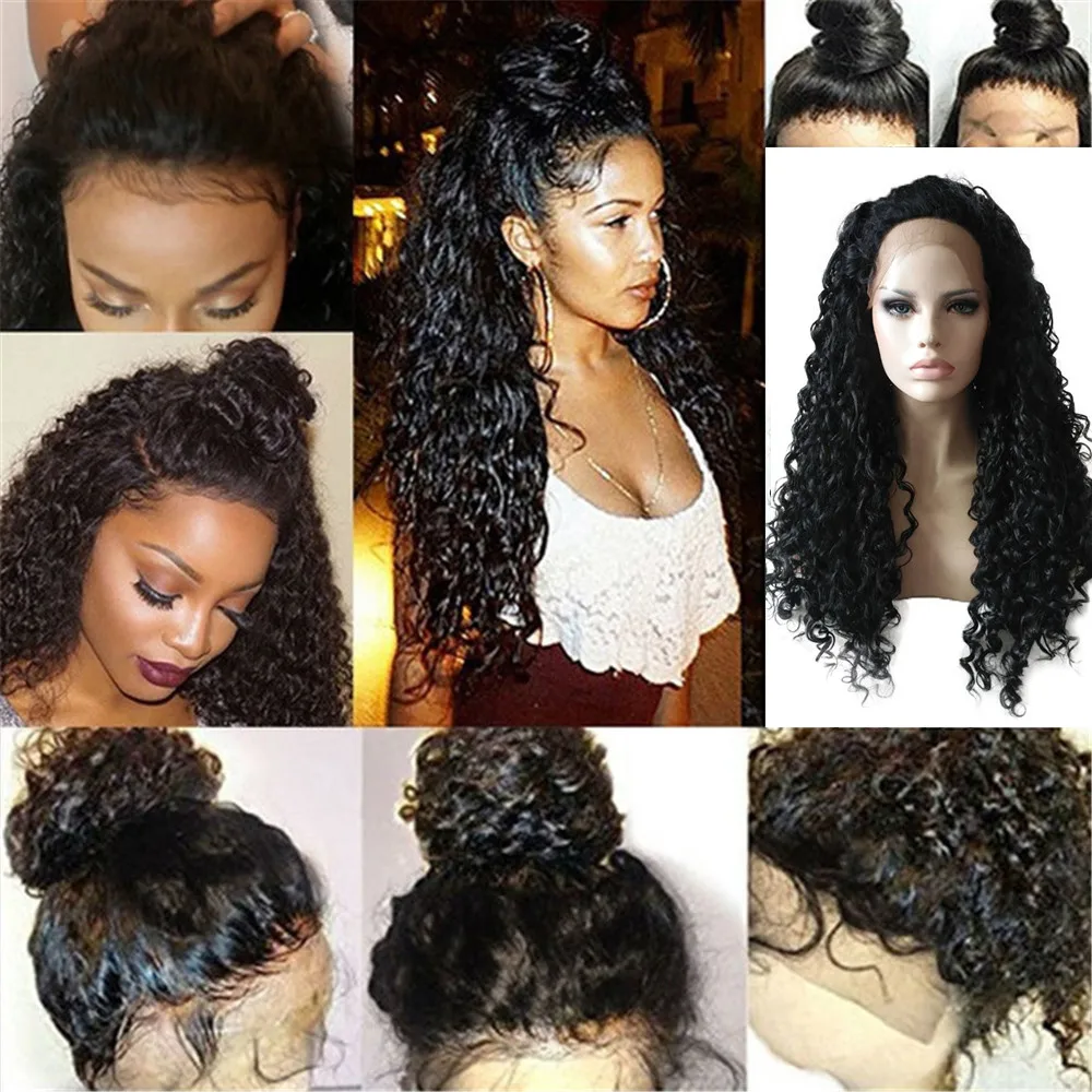 

Women Wig Black Long Curly LESS Lace Front Full Wig Brazilian Human Hair Wave Wig Fashion Women's Wigs Cosplay Hair Party Wigs