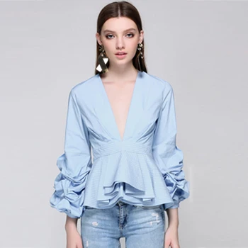

Newest Fashion 2020 Runway Designer Tops Blouse Women's Sexy Deep V Neck Lantern Sleeve Ruffle Blouse Shirt