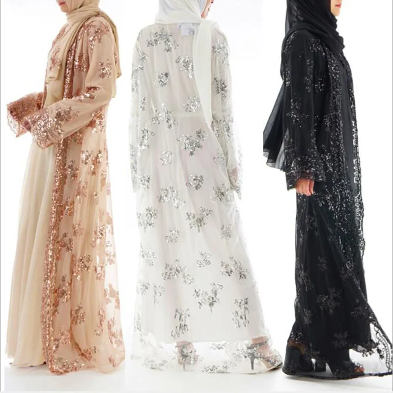 

3 colors Muslim clothing Lace Cardigan long Skirt seamless Sequin embroidery Outside Women's clothing Luxurious shawl Tunic