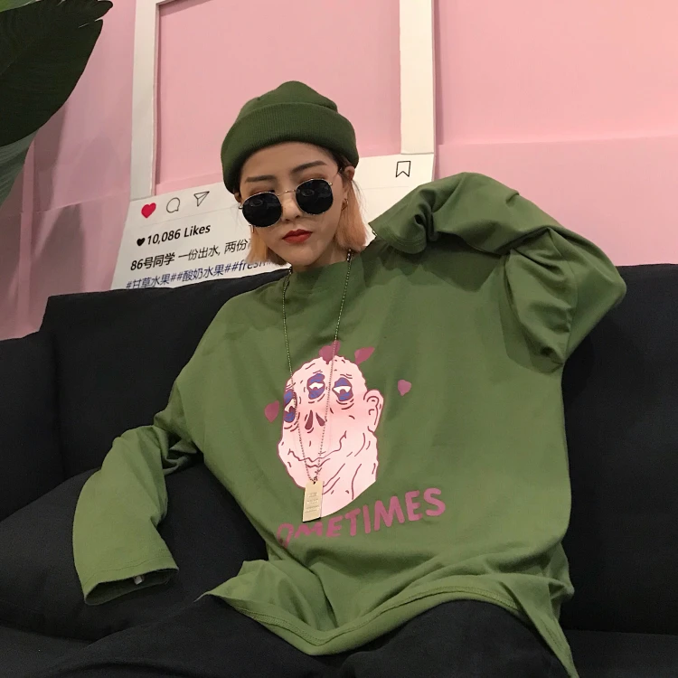 Осенняя модная женская футболка Корейская Ulzzang Harajuku Смешные Мультяшные принты с