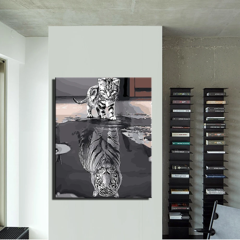 Тигр и Кот настенные плакаты серый цвет Кот отражение в Тигре современные абстрактные Куадрос картины без рамы для гостиной стены
