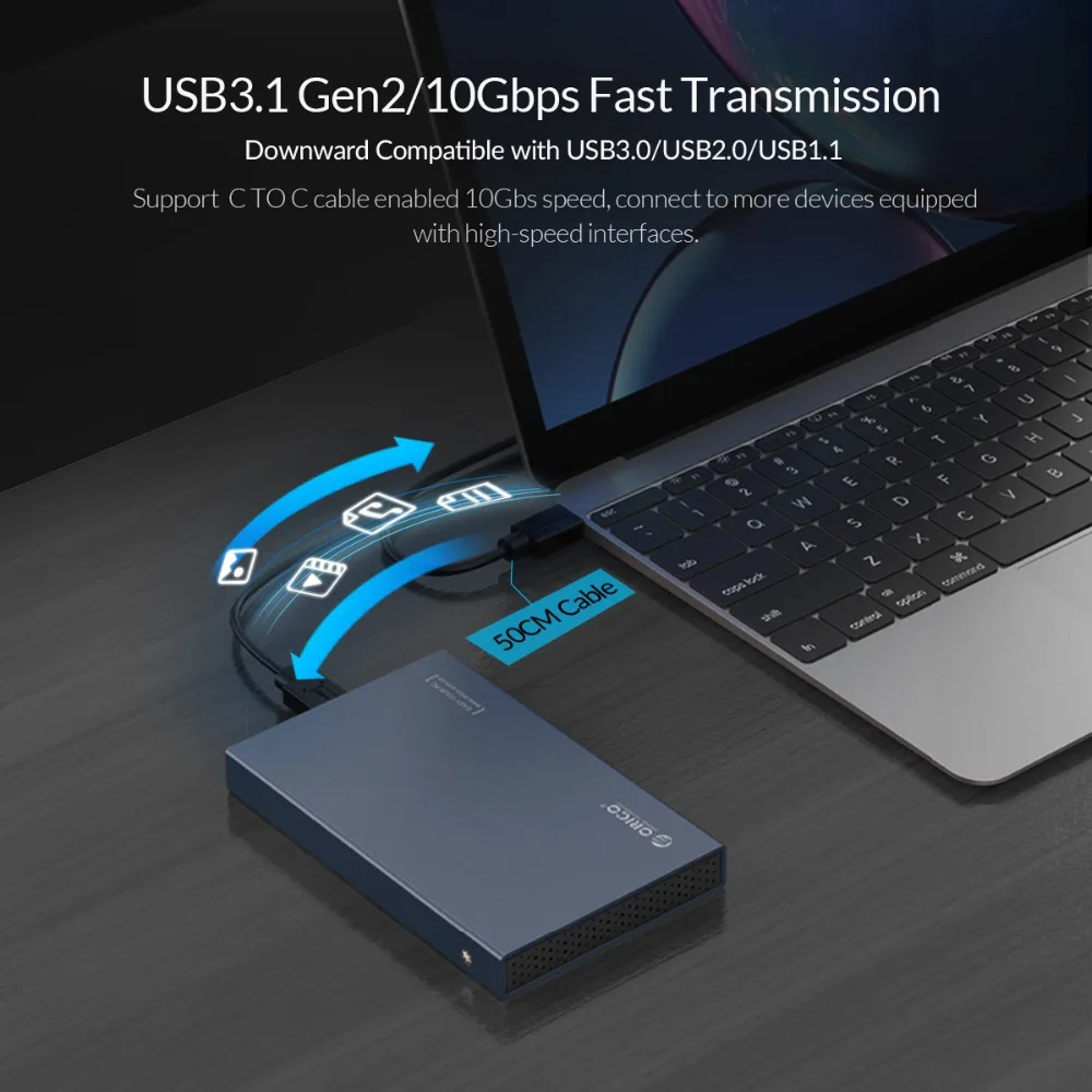 Чехол для жесткого диска ORICO 2,5 ''type-C из алюминиевого сплава USB3.1 Gen2 с поддержкой жесткого диска 7 мм и 9,5 мм с кабелем 50 см C-C