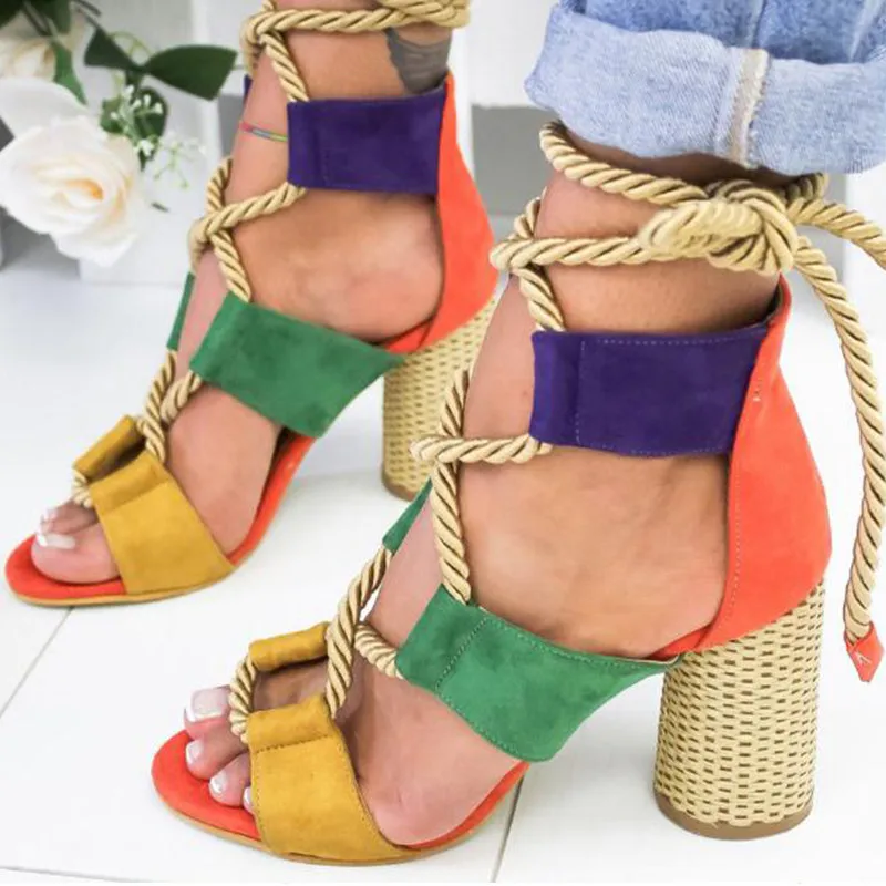 

Lace Up High Heels Gladiator Sandals 2019 Summer Shoes Women Mixed Colors Pumps Fashion Women Heels Thick Heel female shoes