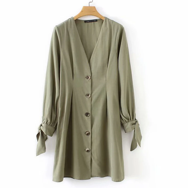 Women's Clothing Dress 2019 Tencel Cotton Knotted Sleeve Button V-Neck Dress Ms Summer Street Sexy Slim Fit Temperament Clothing
