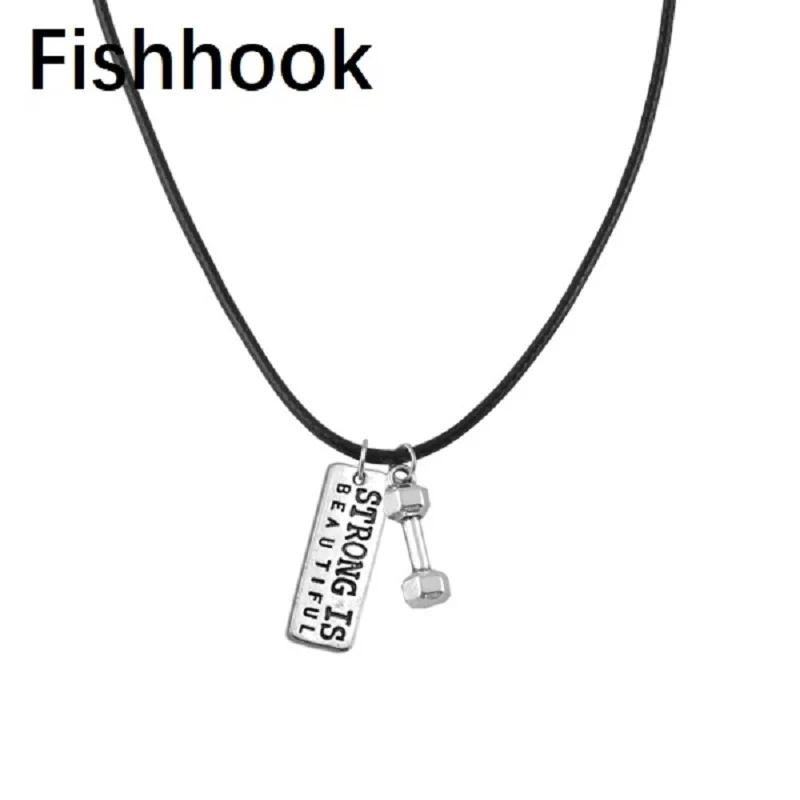 

Fishhook Fitness necklace men Dumbbell Strong is Beautiful Pendants on 18" Wax Cord sport gym jewelry pendant handmade