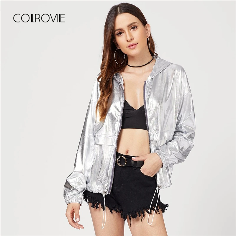 

COLROVIE Silver Drawstring Metallic Streetwear Winter Hoodies Jacket Coat Women Clothes 2018 Autumn Office Lady Outwear Coats