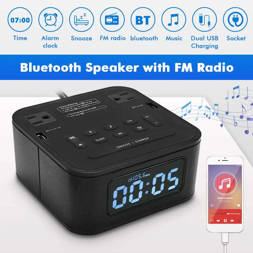 

Wireless bluetooth Speaker + LCD Digital Alarm Clock + FM Radio + Dual USB Charging Port + Plug Socket adjustable brightness