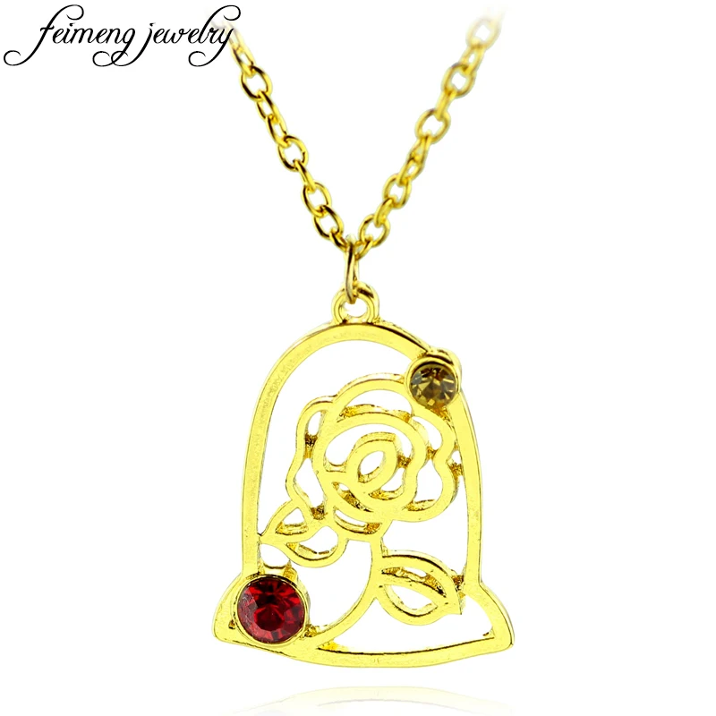 Movie Beauty and the Beast Necklace Charm Golden Enchanted Rose Pendant