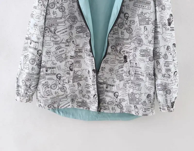 2017 Autumn Women Bomber Basic Jacket Pocket Zipper Hoodies Women Two Side Wear Cartoon Print Outwear Loose Coat 31