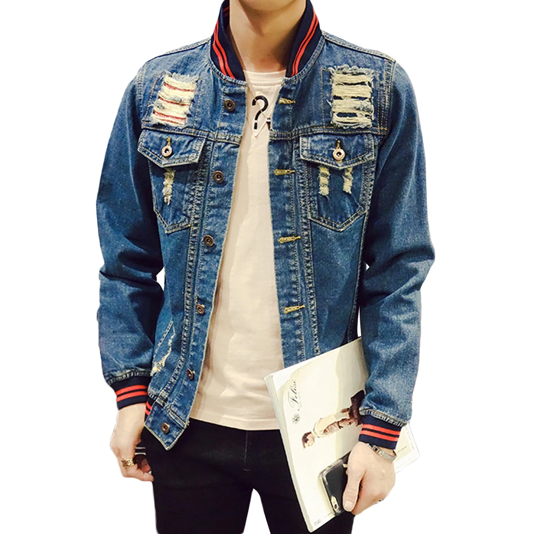 2017 Fashion Slim Denim Jacket Men Long Sleeve Patchwork Jeans Hole