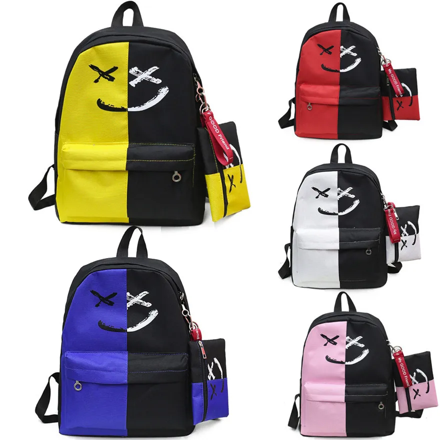 

2Pcs Women Girls Smile Shoulder Bookbags School Travel Backpack+Small Bag Soft Handle Rucksack mochila feminina Sac a dosD