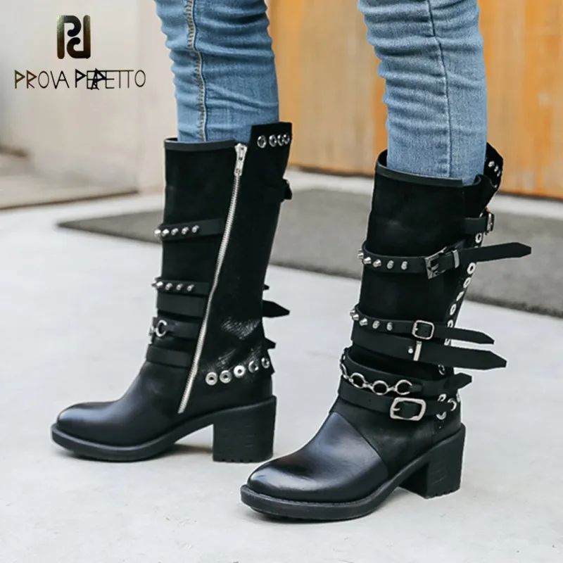 

Prova Perfetto Women Black High Boots Rivet Studded High Heel Botas Mujer Straps Platform Rubber Boots Autumn Winter Botte Femme