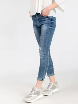 

LITTLE BUTTERFLY ripped three quarter pencil pants woman skinny pencil pants elastic slim matching turnup