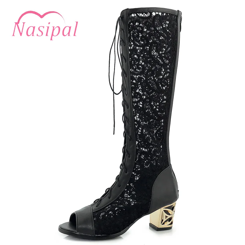 

Nasipal Square heel Bandages Sexy Women Summer Lace Mesh Boot Gladiator Sandals Female Lace Up Knee High Boots Sandalias Mujer