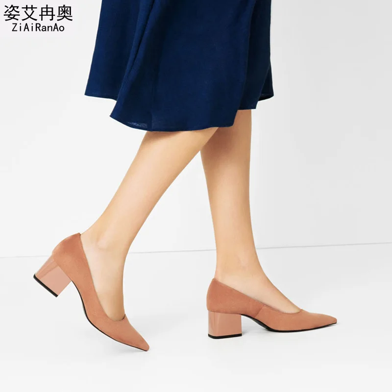 Full Season Fashion Shoes Woman PU Nubuck Leather Women Pumps Square heel Slip On 5 CM